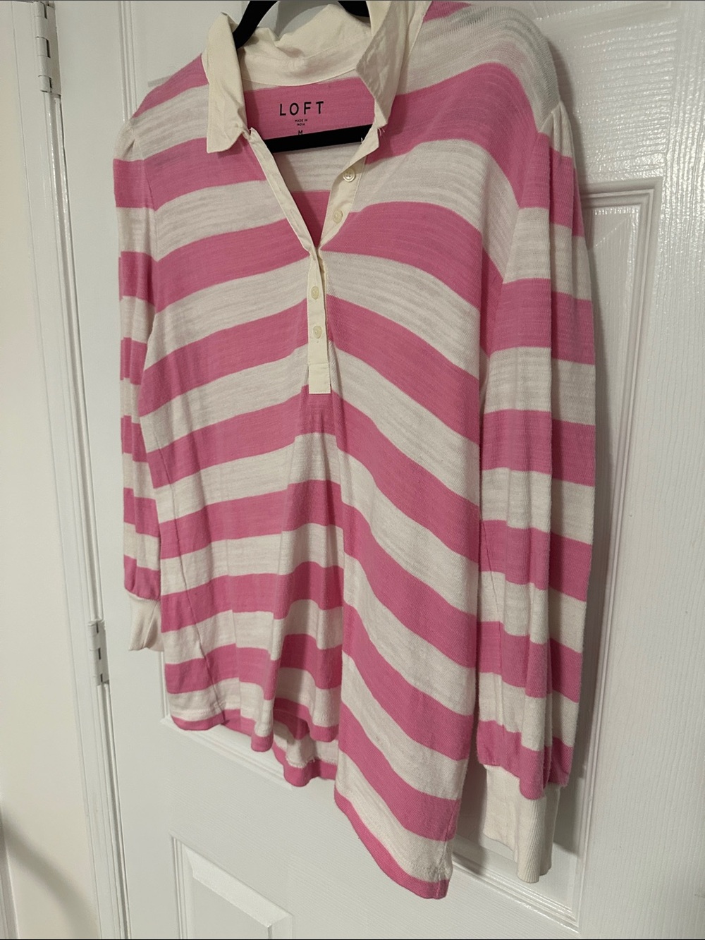 LOFT Long Sleeve Polo Shirt, Pink/White Striped, Size Medium/M